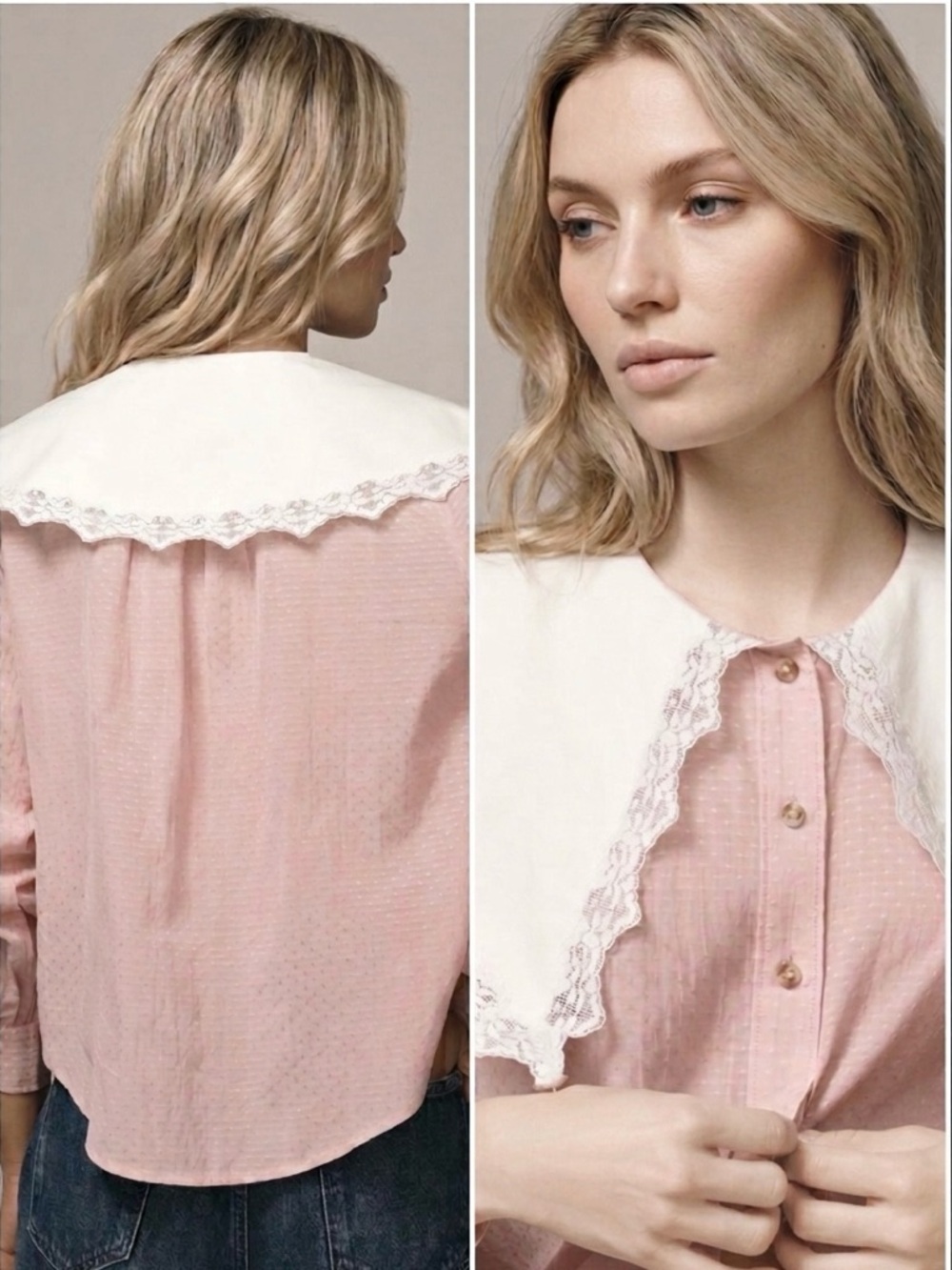 Anthropologie Pink Button-Front Blouse with Oversized White Lace Collar, Large